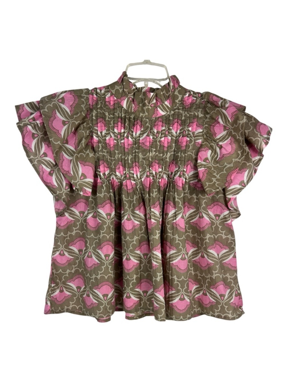 Arthur Jane Claire Sz S Floral  Flowy Top Pink/Tan Pintuck Ruffle Neck Romantic